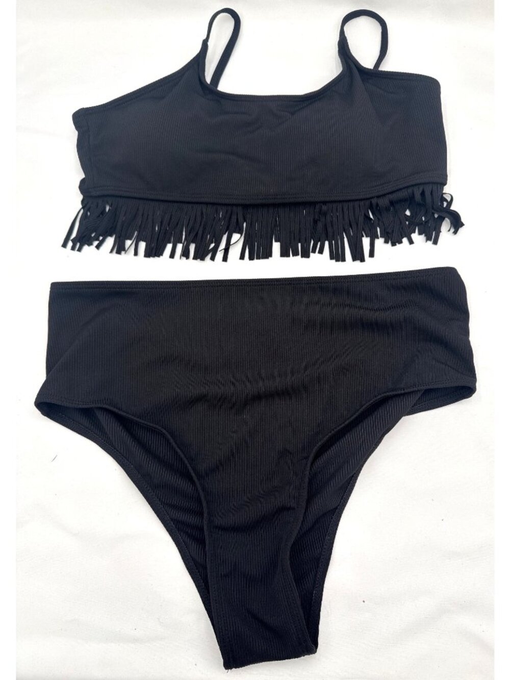 Maternity Fringe Trim Black Bikini Set High-Waist Bottoms Small